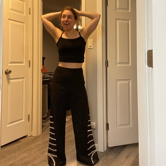 AKIRA PREMIER RHINESTONE MESH PANEL WIDE LEG PANT - Picture 3 of 4